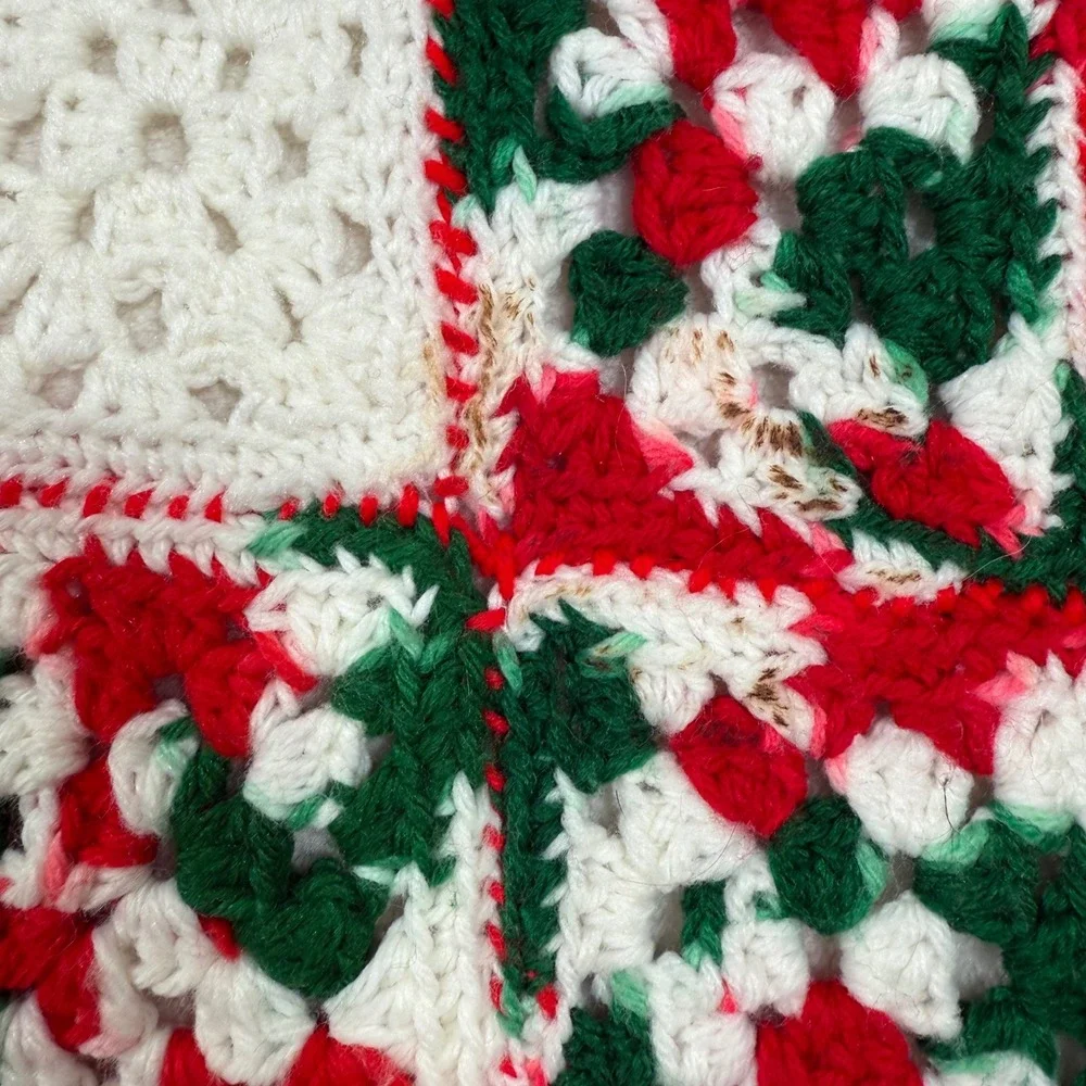 Handmade Crocheted Christmas Granny Square Throw Blanket Red White Green